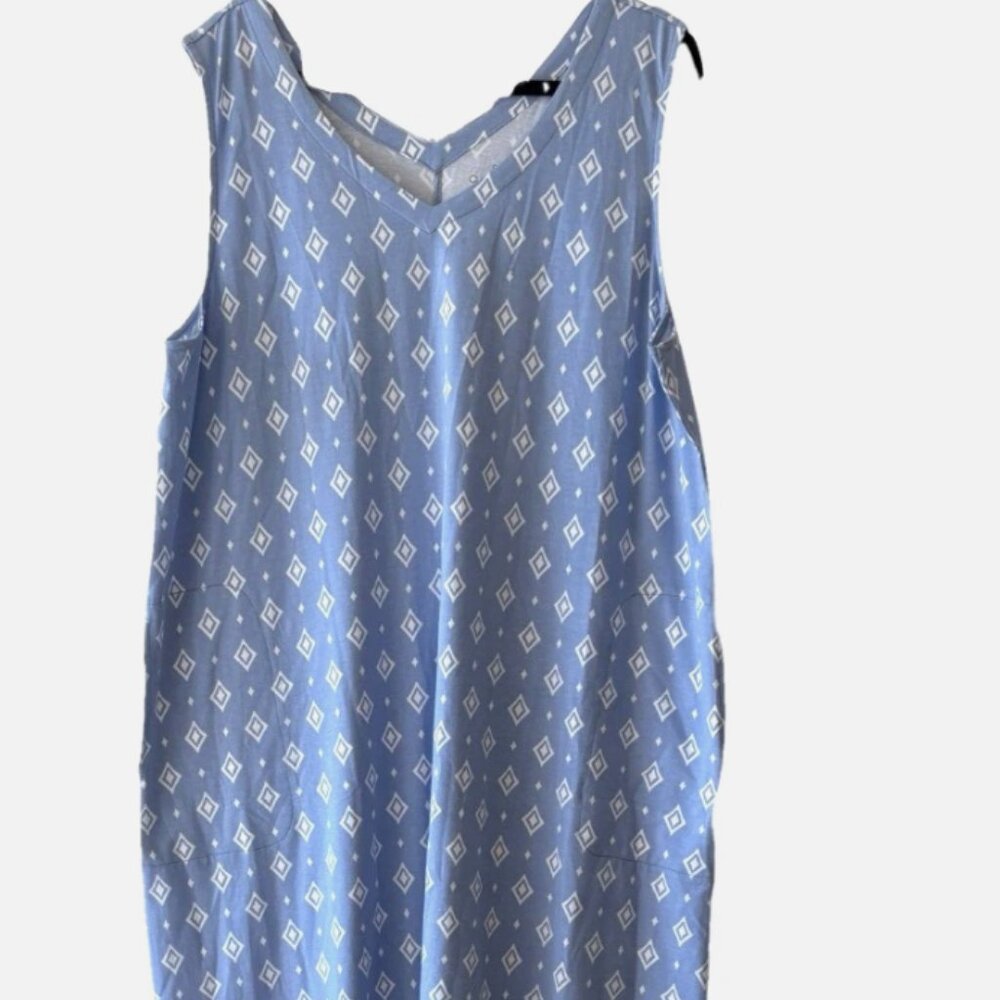 Cuddl Duds Flexwear Scoop Neck Tiered Maxi Dress Blue Geometric 2X - Picture 2 of 8